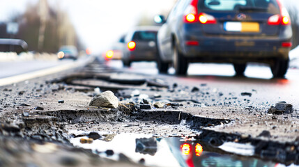 Wall Mural - Large potholes on a major highway, causing cars to swerve and slow down