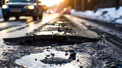 Wall Mural - Large potholes on a major highway, causing cars to swerve and slow down