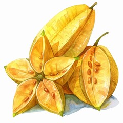 Star fruit, sliced with seeds, exotic shape, watercolor style, isolated on white background