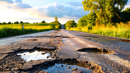 Wall Mural - Potholes on a 7road, with a scenic background of fields and forests