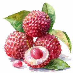 Lychees, peeled and whole, unique texture, watercolor style, isolated on white background