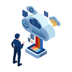 Poster - Isometric Businessman Using a Cloud-Based Software for Data Analysis