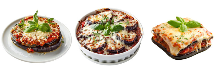 Wall Mural - et of A modern presentation of Eggplant Parmesan on a sleek, isolated on a transparent background