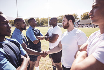 Sticker - Rugby, men and handshake of team with confidence, sportsmanship or pride in competitive game. Fitness, sports and teamwork, proud players ready for match, workout or tournament on field at club