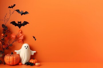 Wall Mural - Spooky Halloween background featuring a white ghost, pumpkins, and black bats on an orange backdrop, perfect for festive and eerie holiday designs.






