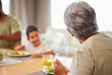 Poster - Mature woman, back and lunch with family, grandchild and eating with bonding, talk and connection. People, grandmother and child together for food, brunch and meal at reunion for nutrition in house