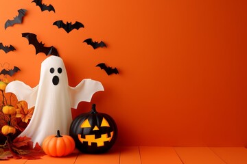 Wall Mural - Spooky Halloween background featuring a white ghost, pumpkins, and black bats on an orange backdrop, perfect for festive and eerie holiday designs.






