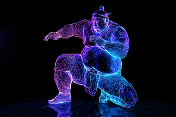 Wall Mural - Neon wireframe sumo wrestler isotated on black background.