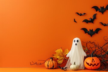 Wall Mural - Spooky Halloween background featuring a white ghost, pumpkins, and black bats on an orange backdrop, perfect for festive and eerie holiday designs.






