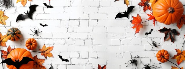 Wall Mural - Halloween-themed background featuring black bats, jack-o'-lanterns, and spiders on a white brick wall, perfect for seasonal decorations and spooky celebrations.






