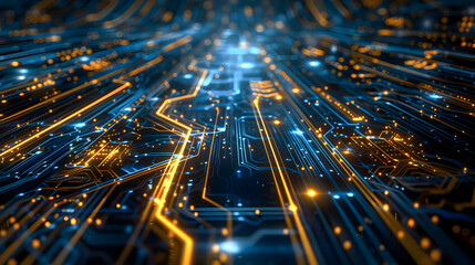 Poster - A conceptual art piece of an abstract circuit board with luminous pathways and complex connections vibrant blue and gold hues dominating