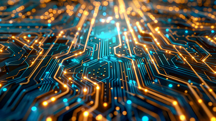 Poster - Luminous Abstract Circuit Board A Conceptual Art Piece Depicting Intricate Technological Connections with Vibrant Blue and Gold Hues Created Using 3D Rendering Software and Futuristic Aesthetics