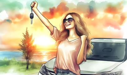 Watercolor painting of a cheerful young woman raising her hand to the sky with a key in her hand