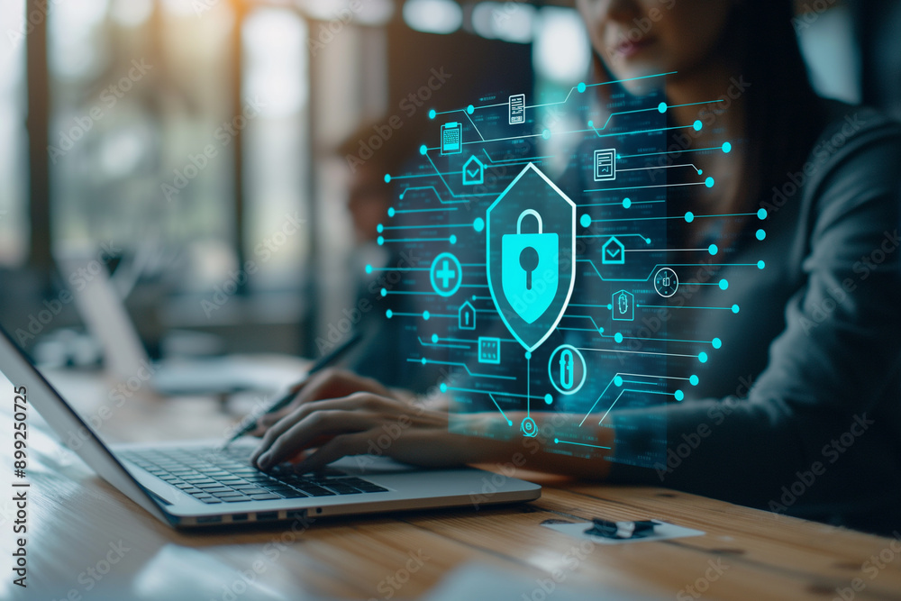Computer Security Water Mark A businesswoman working on her laptop with digital security symbols and ...