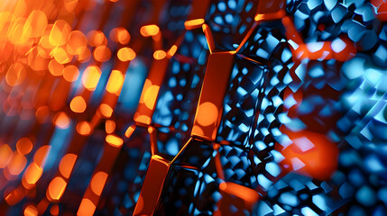 Poster - Captivating Hexagonal Glow A Vibrant Digital Artwork of Depth and Movement with a Glowing Geometric Grid Vivid Orange and Blue Tones