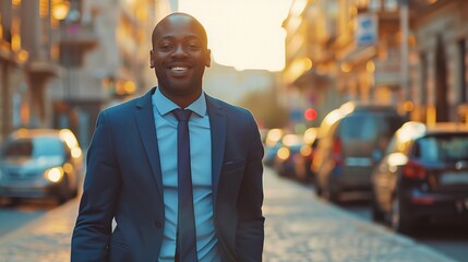 Sticker - Confident Businessman: A successful and stylish businessman confidently strides through the bustling city streets, radiating confidence and determination in a professional suit. 