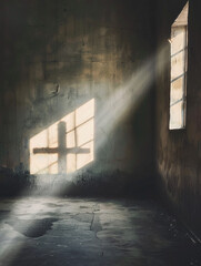 Wall Mural - A cross shadow on the wall with sunlight in the room, symbolizing Christian concept and spirituality.