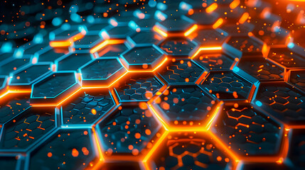 Poster - Futuristic of a honeycomb network with each hexagonal cell glowing in a mix of vibrant orange and blue hues