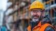 © WS Studio 1985 - Confident Construction Worker: A portrait of a skilled construction worker with a confident smile, wearing a safety helmet and vest, on a busy construction site.