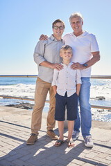 Canvas Print - Portrait, ocean and grandfather with dad, son and time together for vacation, family and break. Beach, men and group with summer holiday, generations and travel with happiness, water and love