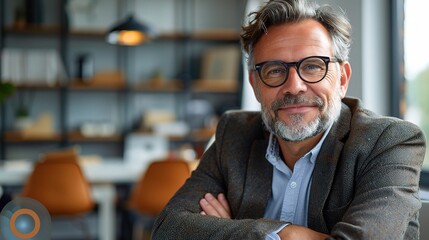 Canvas Print - Confident and Experienced: Portrait of a mature businessman with a warm smile and a confident gaze, showcasing his leadership and expertise in a modern office setting. 