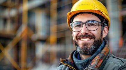 Wall Mural - The Builder's Grin: A close-up portrait of a confident construction worker in a yellow hard hat