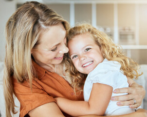 Poster - Portrait, daughter and mom in lounge, happy and bonding with hug for girl, family and care. Home, kid and mother in living room, woman and child with embrace of youth, smile or parent for comfort