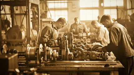 Vintage sepia image of workers in an industrial factory