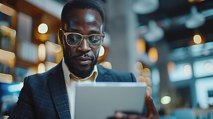 Poster - Tablet, networking and businessman in the office typing a message on the internet or mobile app. Digital technology, chatting and African male lawyer scroll on social media or website in workplace.