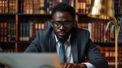 Poster - Thinking, computer and businessman working in the office doing research for a legal project. Technology, proud and professional African male attorney planning for a law case in the modern workplace.