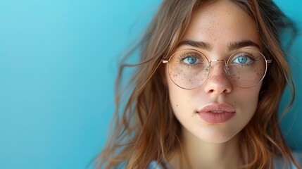 Poster - woman, portrait and half face with glasses as prescription with eyewear for eyesight, vision and confident. Blue background, female person and frame for spectacles, lens and service with mockup 