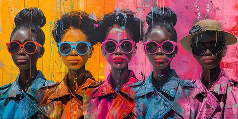  Four women in sunglasses and hats posing for a painting.