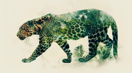 Poster - double exposure effect of a Leopard walking and green jungle. World wildlife day