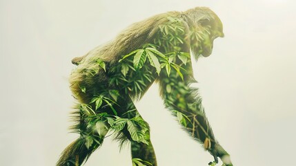 Poster - double exposure effect of a Gibbon walking and green jungle. World wildlife day