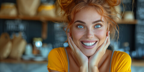 Radiant redhead woman smiling joyfully in sunny kitchen. Concept of happiness, beauty, and positive energy.