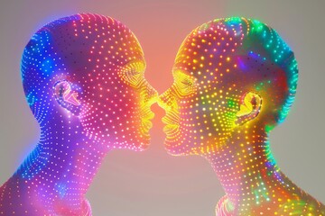 Poster - Futuristic Couple Face to Face Neon Glow Digital Intimacy