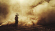 © NE97 - A lone silhouette carries a cross in a desert dust storm, depicting a spiritual concept and symbolizing perseverance and endurance