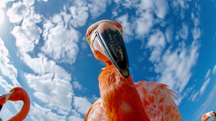 Canvas Print - Bottom view of a flamingo against the sky. An unusual look at animals. Animal looking at camera 