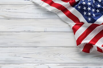 happy memorial day concept featuring a vintage flag on white wooden background