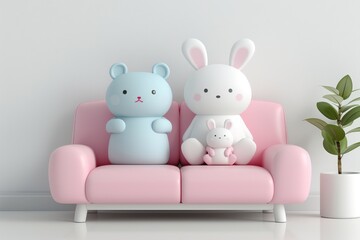 Sticker - Cute Digital Figures on Pink Sofa Futuristic Toy Sci Fi Play