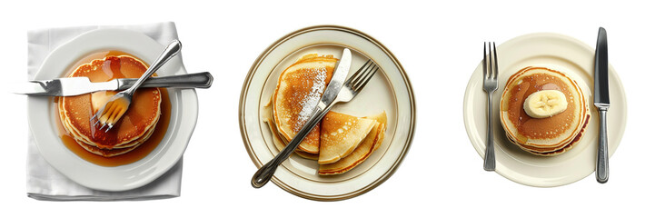 Set of A plate of pancakes with a fork and knife, ready to be eaten, isolated on a transparent background