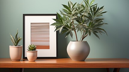 Wall Mural - two vases with plants on a shelf with a picture of a plant and a picture of a plant.