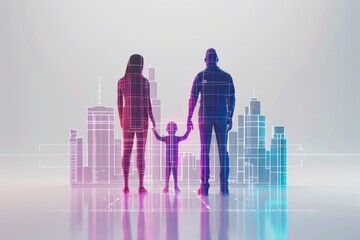 Wall Mural - Family of digital silhouettes in a futuristic cityscape representing modern family dynamics urban life and technological integration in a serene setting