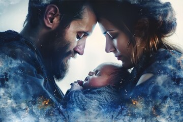 Poster - Touching scene of a family in a snowy digital environment symbolizing love warmth and future technology amidst a serene futuristic landscape