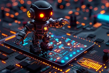 Sticker - Cute robot on a circuit board surrounded by glowing neon lights showcasing advanced technology innovation and playful design in a detailed vibrant setting