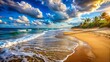 © NadenDesign - Tropical Beach at Sunset with Palm Trees and Waves.