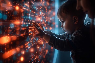 Canvas Print - Child interacting with a digital wall in a futuristic neon lit setting symbolizing curiosity technology and the future of human interaction