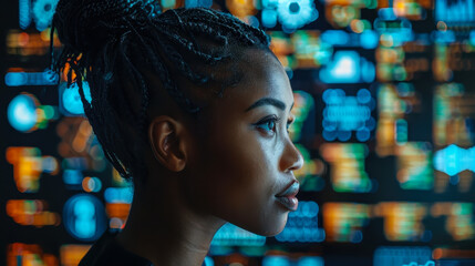 Poster - Side profile of black female IT developer analyzing software code in dark office, African American cyber security analyst detecting AI threats, focused tech professional in night work setting