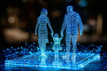 Sticker - Digital silhouettes of a family in a futuristic neon lit environment symbolizing connection technology and modern urban life