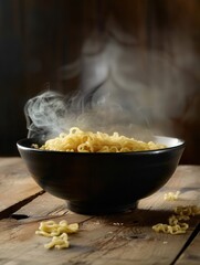 Aufkleber - A bowl of steaming instant noodles rests on a rustic wooden table, releasing fragrant steam that enhances the appetizing appeal of the dish. Generative AI
